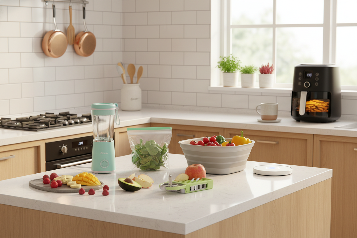 Bright and modern kitchen scene showcasing practical kitchen gadgets: portable smoothie blender, bag sealer, 3-in-1 fruit cutter, fruit and vegetable wash basket, air fryer, and mug warmer. Include fresh fruits, vegetables, and stylish cookware on a clean countertop. Light, airy, and colorful, with a welcoming and organized kitchen vibe. Focus on the products being practical, useful, and appealing for everyday home cooking. Textures clear, realistic style, warm natural lighting